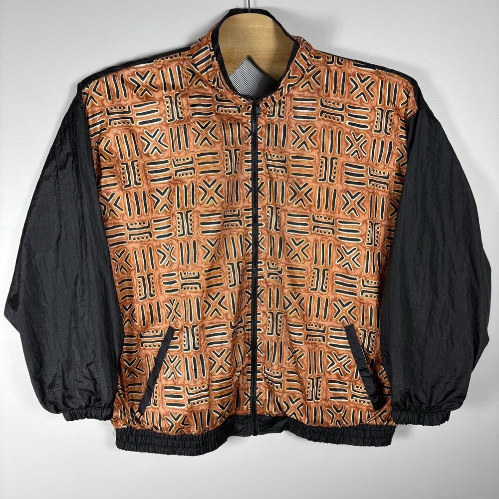 Avon Style Men's XL Black Orange Abstract 80s 90s Full Zip Windbreaker Jacket